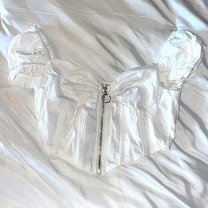 White Zip Front Puff Sleeve Top